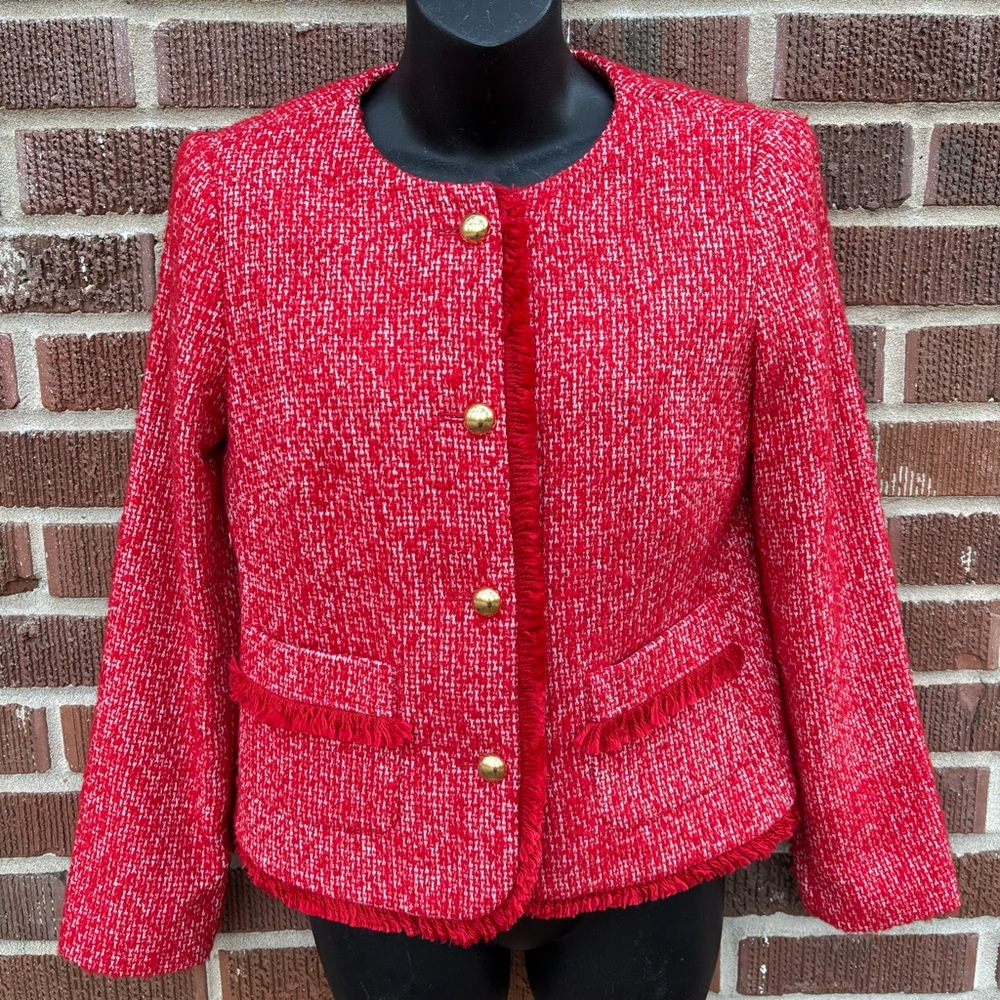Talbots Blazer Red White Wool Blend Tweed Gold Button Fringe Preppy Womens Sz 6P